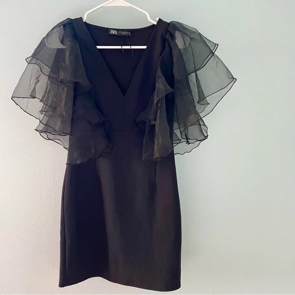 ZARA Black Mini Dress With Organza Sleeves size XS - Picture 2 of 11